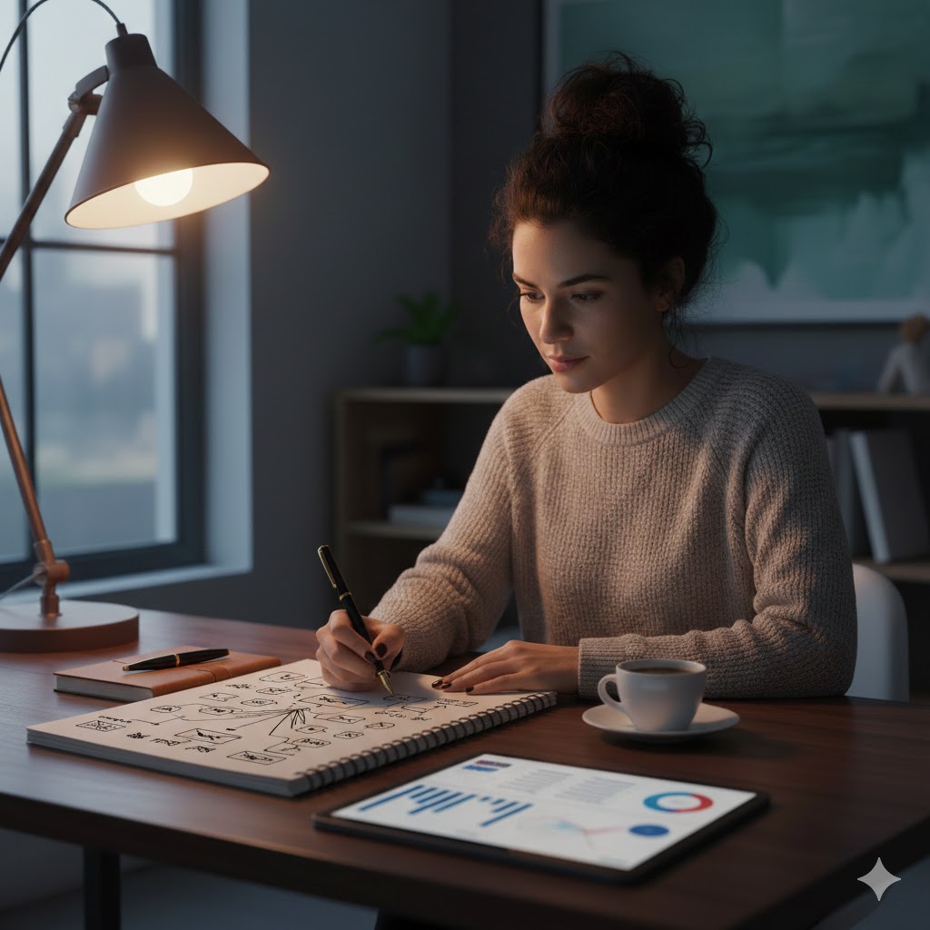 Planificación de una estrategia de marketing digital de cero a click escrita en un cuaderno"