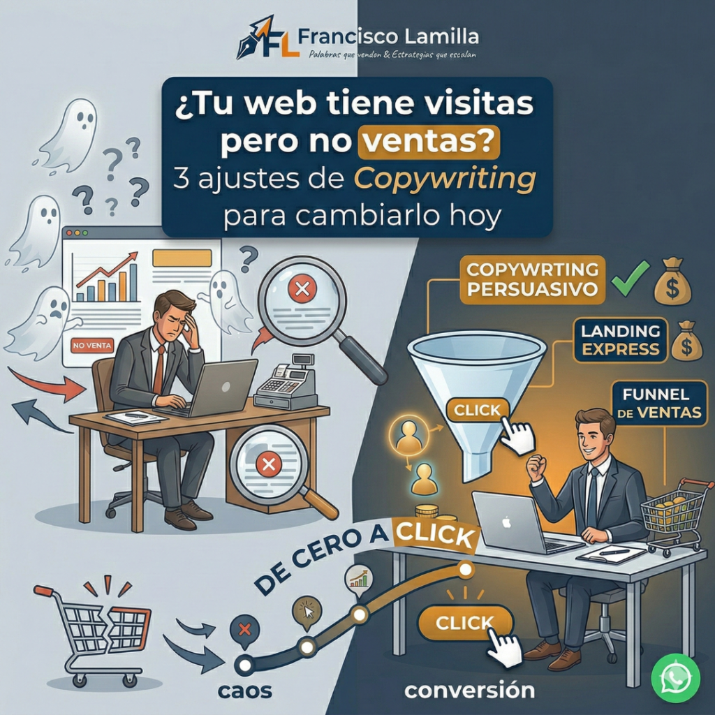 Infografía sobre cómo convertir visitas en ventas mediante copywriting persuasivo y funnels de venta, comparando el caos de una web sin estrategia frente al éxito del método De Cero a Click de Francisco Lamilla.
