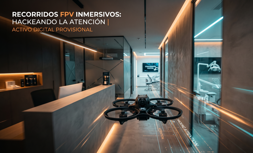 Dron FPV volando en el interior de una clínica moderna. Grabación de recorridos inmersivos en plano secuencia para aumentar la conversión web de negocios físicos.